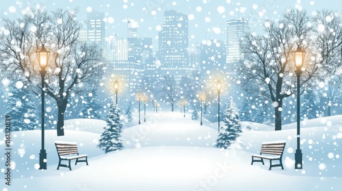 City winter park with snow-covered trees benches paths and lanterns against t...
