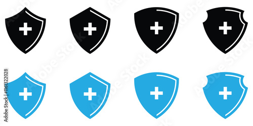 Shield icon with plus sign set. Shield or security icon set.