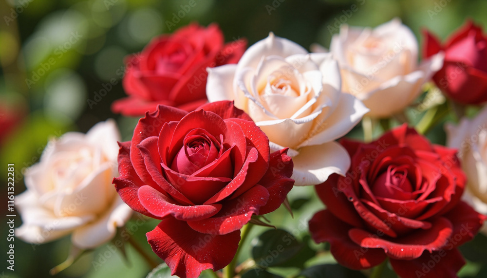 Roses in bloom, vibrant colors against natural green background Roses in bloom, vibrant colors against natural green background