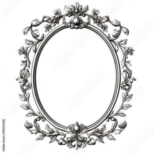 Victorian style frame with delicate floral patterns, metallic silver finish. Isolated on transparent background cut out, oval shape photo