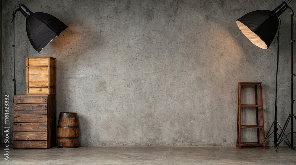 A minimalist interior with industrial-style lighting, wooden crates, and a textured concrete wall, creating a modern and rustic atmosphere. A minimalist interior with industrial-style lighting, wooden crates, and a textured concrete wall, creating a modern and rustic atmosphere.