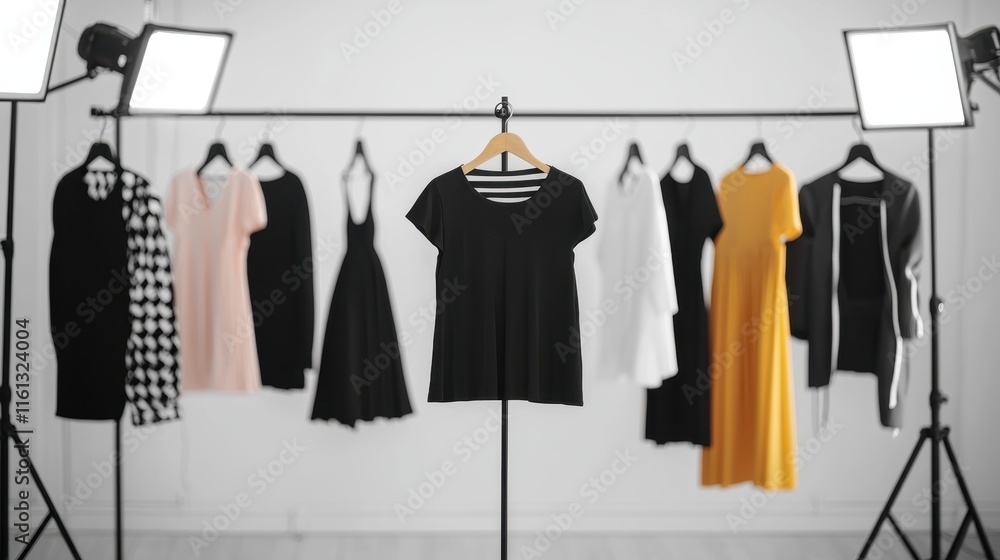 A stylish display of various clothing pieces on hangers, featuring a mix of colors and patterns, illuminated by bright studio lights. A stylish display of various clothing pieces on hangers, featuring a mix of colors and patterns, illuminated by bright studio lights.