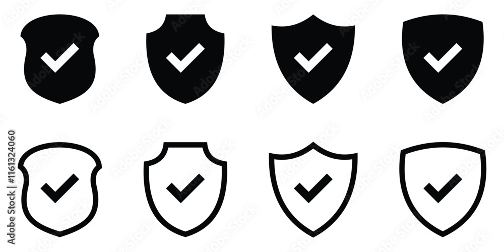 Shield check mark icon. Shield with a checkmark in the middle Protection icon. Security shield protected icon. Flat style shield icon with check mark. Shield check mark icon. Shield with a checkmark in the middle Protection icon. Security shield protected icon. Flat style shield icon with check mark.