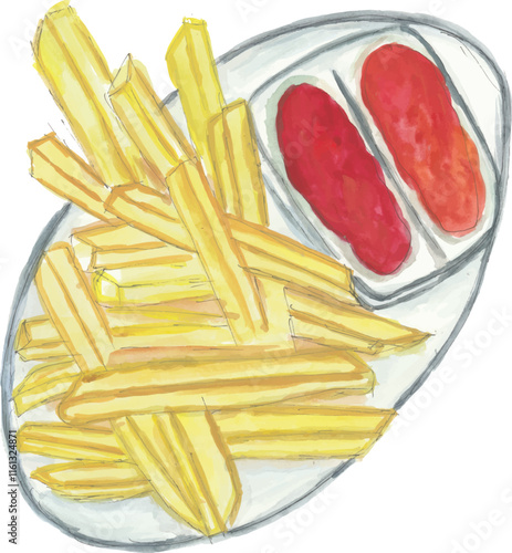 French fries in a plate with tomato and chili sauce hand drawn watercolour illustration with isolated white background