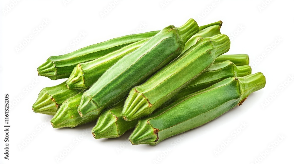 Fresh Okra with Unique Green Appearance on White Background Fresh Okra with Unique Green Appearance on White Background