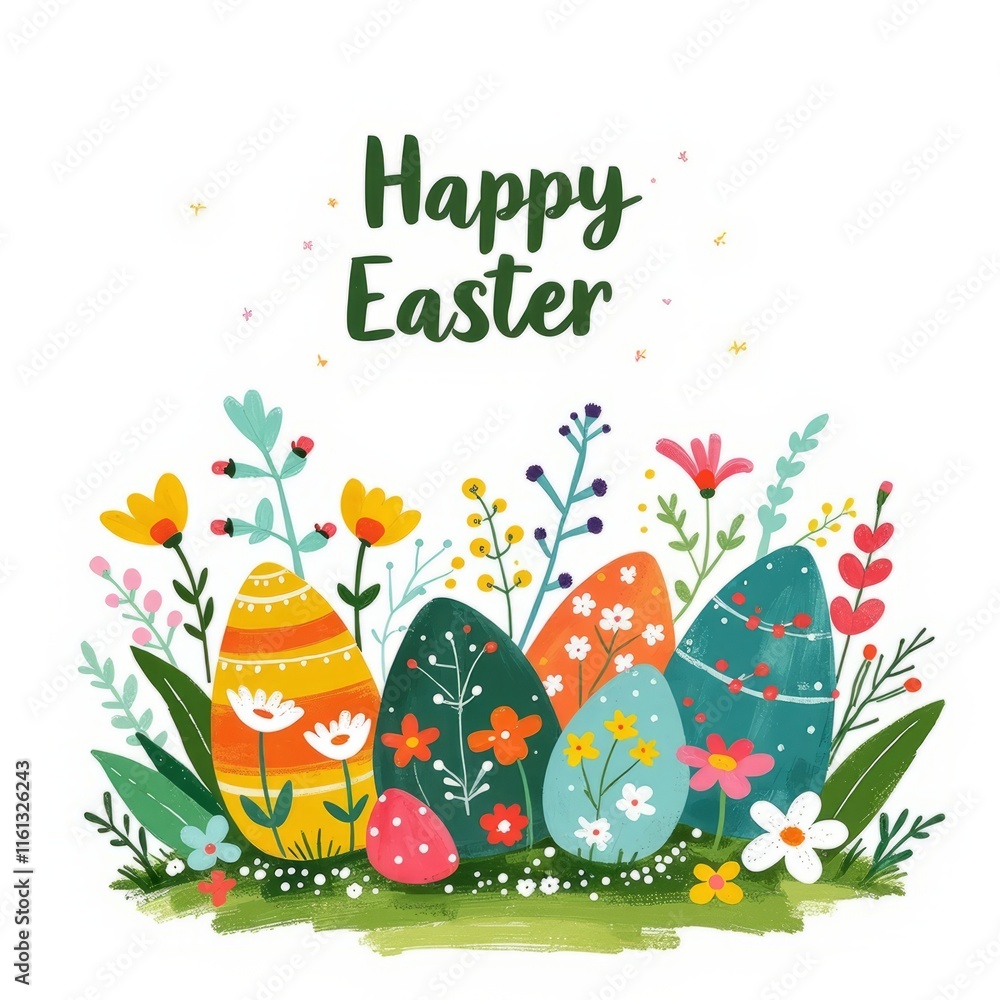 Colorful Easter eggs with flowers, leaves, and greenery, hand-drawn design on a white background. Concept of Easter celebration Colorful Easter eggs with flowers, leaves, and greenery, hand-drawn design on a white background. Concept of Easter celebration