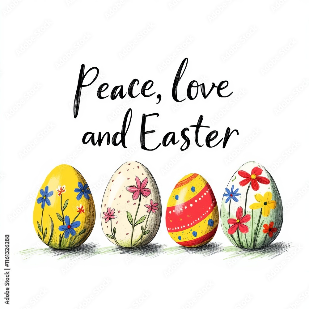 Four hand-drawn Easter eggs with floral patterns on white background, featuring the text Peace, love, and Easter. Spring concept Four hand-drawn Easter eggs with floral patterns on white background, featuring the text Peace, love, and Easter. Spring concept