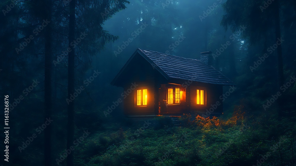 Dark forest scene with eerie glowing windows of a small house at night. Cinematic and mysterious, perfect for horror or fantasy projects. Atmospheric and spooky ambiance. Dark forest scene with eerie glowing windows of a small house at night. Cinematic and mysterious, perfect for horror or fantasy projects. Atmospheric and spooky ambiance.