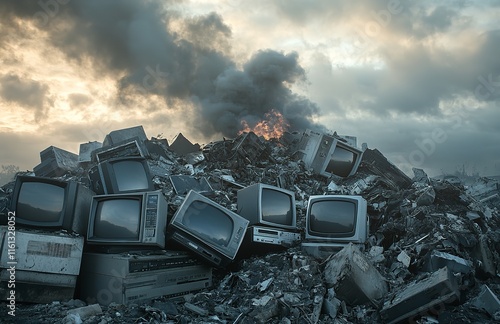 A Pile of Old Computer Monitors and Televisions Sits in the Recycling Yard photo