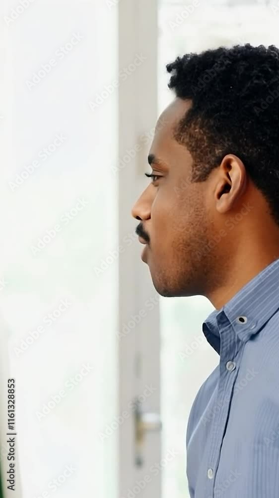 Side profile of a smiling man in a casual shirt indoors. Professional and lifestyle concept Side profile of a smiling man in a casual shirt indoors. Professional and lifestyle concept
