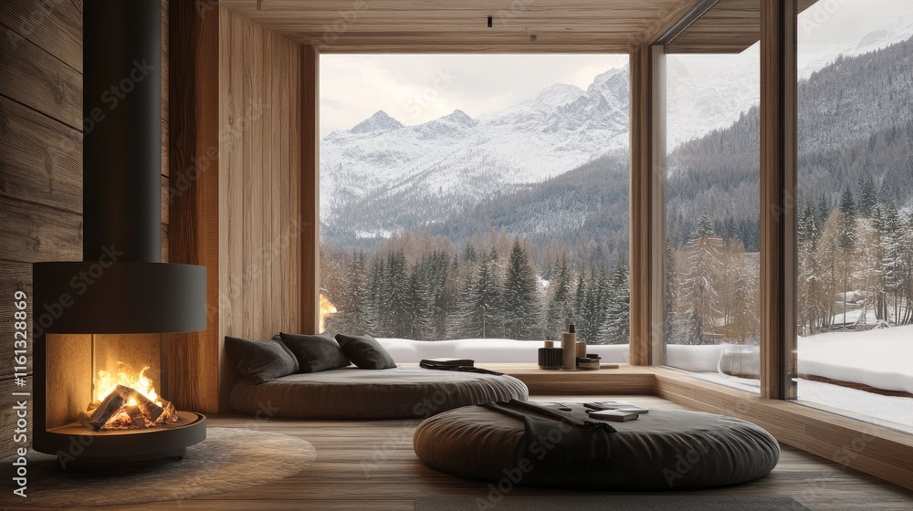 Fototapeta premium cozy interior of the wooden cabin with a firestove 