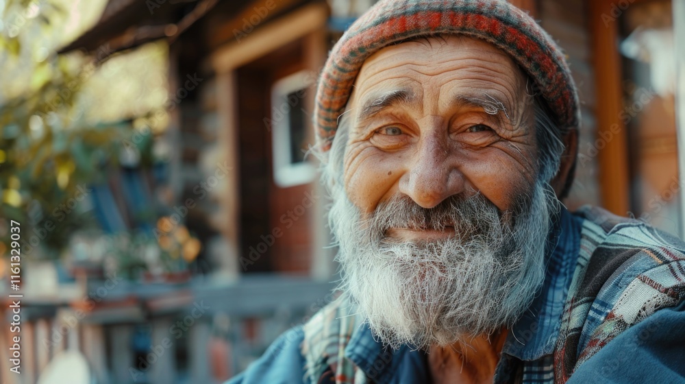Man with a beard and a plaid shirt is smiling. He is wearing a hat and is sitting on a porch Man with a beard and a plaid shirt is smiling. He is wearing a hat and is sitting on a porch