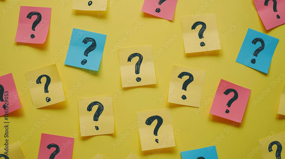 Colorful sticky notes with question marks scattered on a vibrant yellow background. Flat lay composition, providing copy space for brainstorming ideas. Colorful sticky notes with question marks scattered on a vibrant yellow background. Flat lay composition, providing copy space for brainstorming ideas.