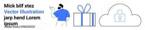 Man gesturing with one hand, blue gift box with ribbon, cloud icon with padlock for security. Ideal for web design, security, gifts, data protection, online shopping, illustrations marketing