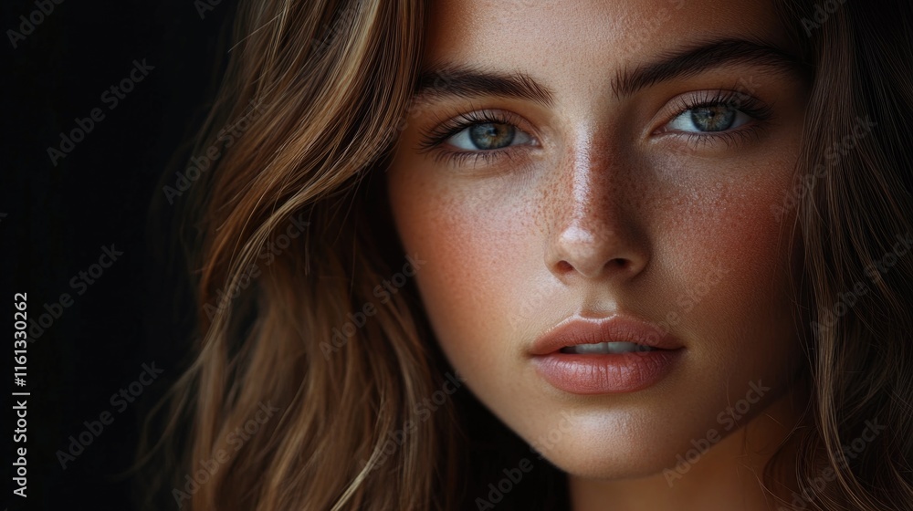 Portrait of a beautiful, healthy-skinned woman with sunblock applied to her nose and cheeks, emphasizing summer protection for skin. She has long brown hair and is looking directly at the camera. Portrait of a beautiful, healthy-skinned woman with sunblock applied to her nose and cheeks, emphasizing summer protection for skin. She has long brown hair and is looking directly at the camera.