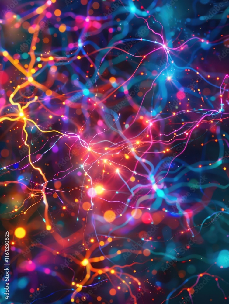Obraz premium Glowing neuron cells with sparks of electricity and light particles. Concept image for brain function, education or medical sciences.