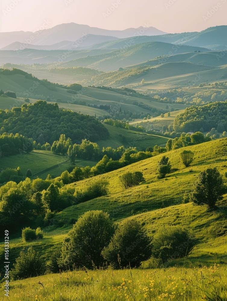 Obraz premium Hazy morning over meadow. Grassy hill and trees in sunlight.