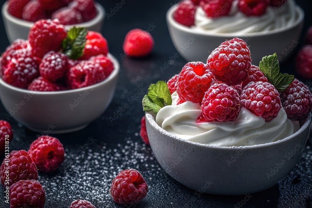 Raspberries on a black plate with whipped cream and sugar. Raspberries on a black plate with whipped cream and sugar.