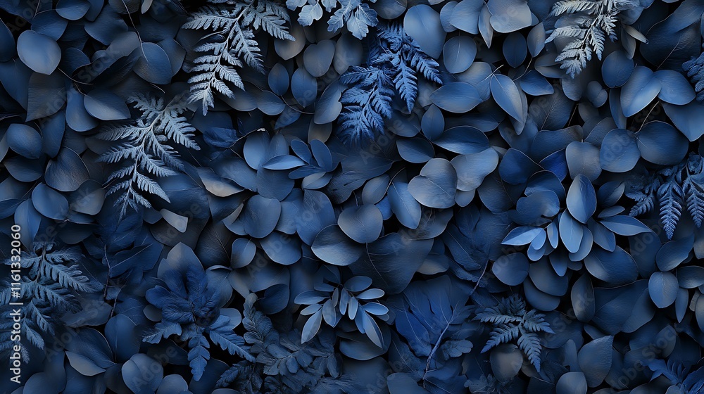 High-resolution hyper-realistic illustration of a wall covered in navy blue leaves and ferns. Cinematic, top view with textural detail in dark palette. Studio-lit, high contrast, ultra-detailed. High-resolution hyper-realistic illustration of a wall covered in navy blue leaves and ferns. Cinematic, top view with textural detail in dark palette. Studio-lit, high contrast, ultra-detailed.
