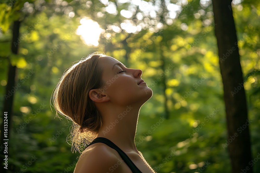 A serene woman practices yoga in a lush forest, bathed in sunlight. Close-up of her calm face breathing deeply. High-resolution, natural lighting. Perfect for wellness and nature-themed designs. A serene woman practices yoga in a lush forest, bathed in sunlight. Close-up of her calm face breathing deeply. High-resolution, natural lighting. Perfect for wellness and nature-themed designs.