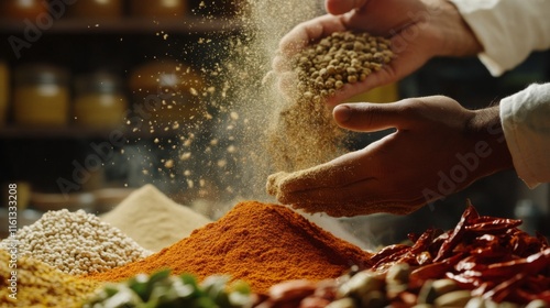 Fototapeta Naklejka Na Ścianę i Meble -  Hands pouring spices over a pile of colorful powders in a spice market.