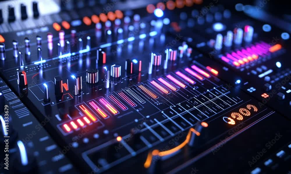 Futuristic Digital Audio Mixer with Neon Lights and Controls Futuristic Digital Audio Mixer with Neon Lights and Controls