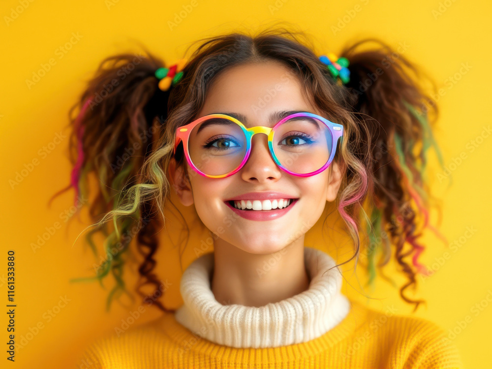 Vibrant portrait of a smiling woman with rainbow glasses against yellow background Vibrant portrait of a smiling woman with rainbow glasses against yellow background