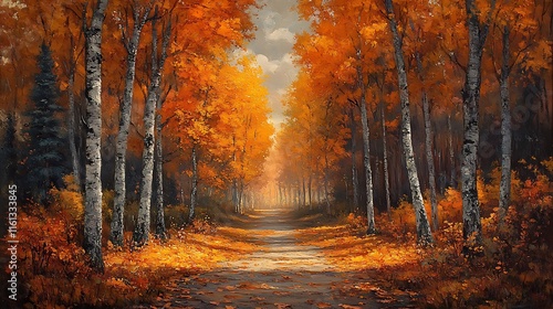 Sunlight Illuminating Golden Autumn Forest Trail With Vibrant Colors in Stunning Photo