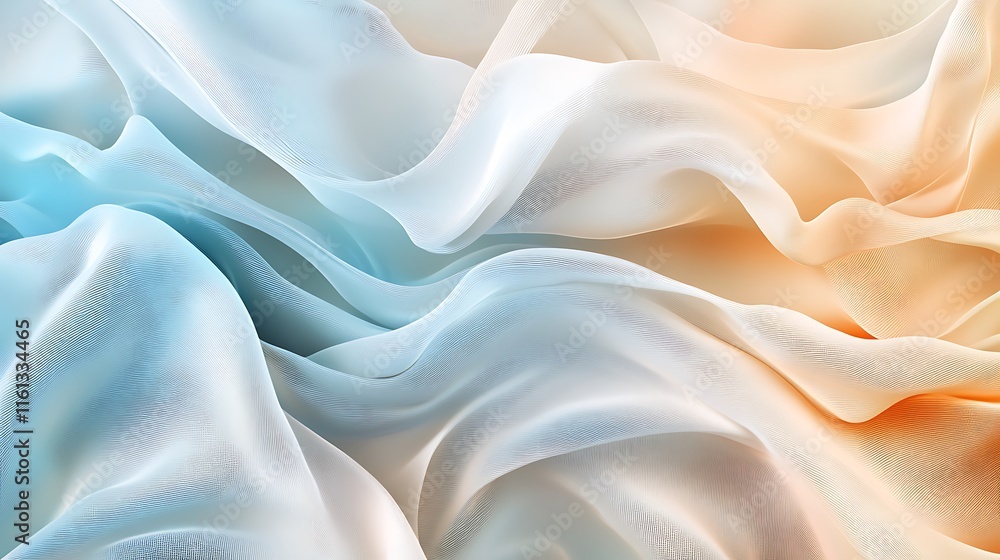 Obraz premium Elegant and calming abstract illustration of flowing chiffon waves in light blue and beige. Soft curves create a tranquil composition. Ideal for designs needing a peaceful and graceful aesthetic.