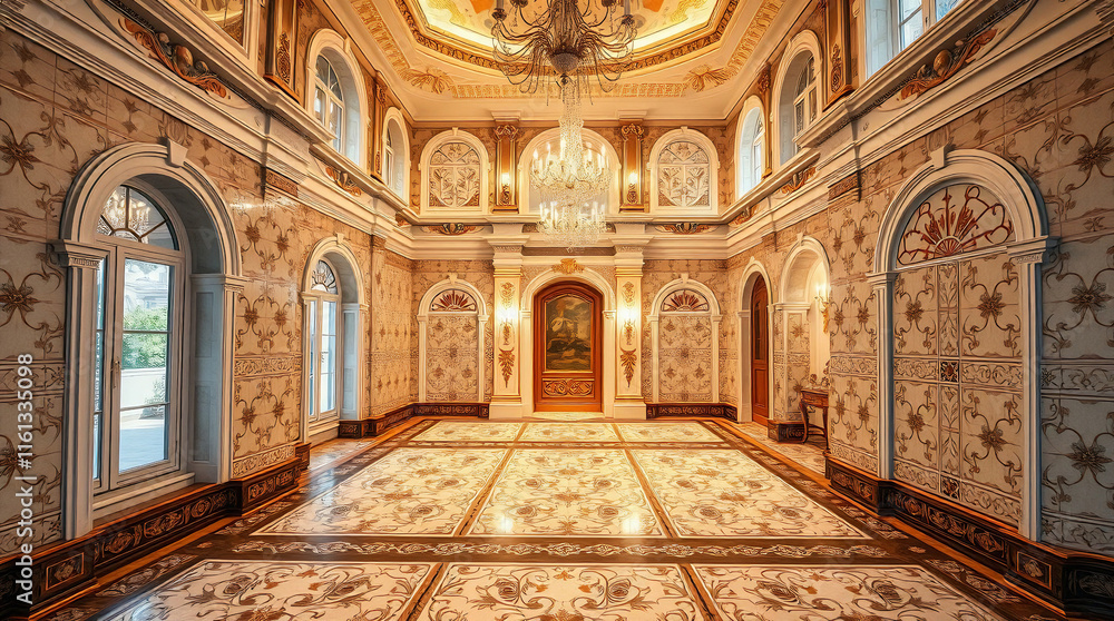 Obraz premium Interior View of an Ornate Hallway with Marble Flooring and Chandelier
