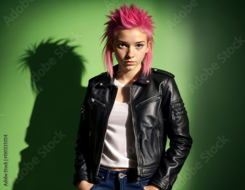 Bold punk style portrait with pink hair and leather jacket on bright green background