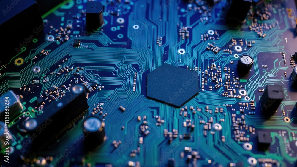 Fototapeta premium A detailed close-up of a computer motherboard with intricate circuitry and glowing components, showcasing the complexity of modern electronics. Generative, AI,