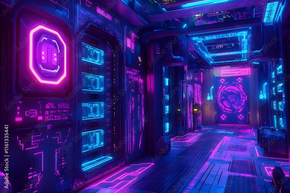 Futuristic Sci-Fi Corridor with Neon Lights and Digital Displays Futuristic Sci-Fi Corridor with Neon Lights and Digital Displays