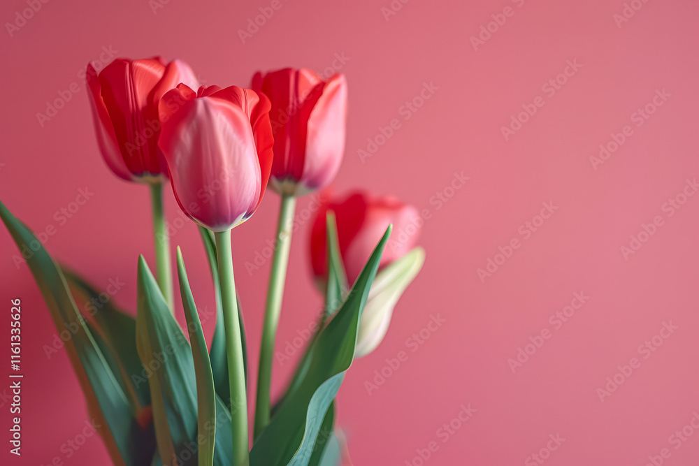 Bouquet of red tulips is arranged in a vase on a red background Bouquet of red tulips is arranged in a vase on a red background