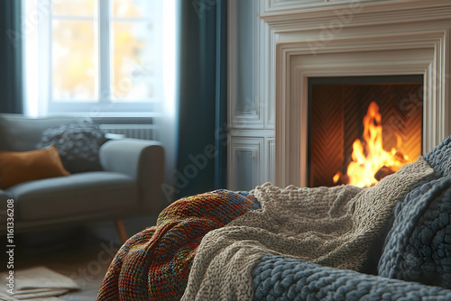 Cozy fireside reading nook with blanket and sofa, space for text