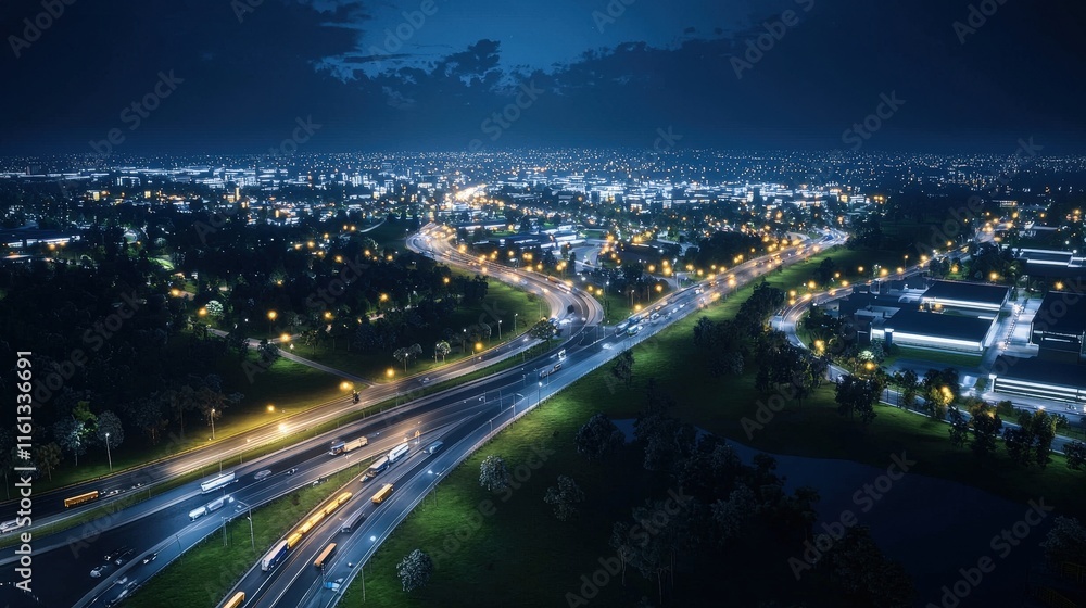 Fototapeta premium Vibrant Cityscape at Night with a Stream of Headlights Illuminating the Urban Landscape and Showcasing the Dynamic Energy of City Life