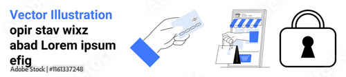 Hand holding credit card, mobile shopping app interface with order confirmation, secure lock icon. Ideal for ecommerce, mobile payments, online shopping, security, customer service, fintech