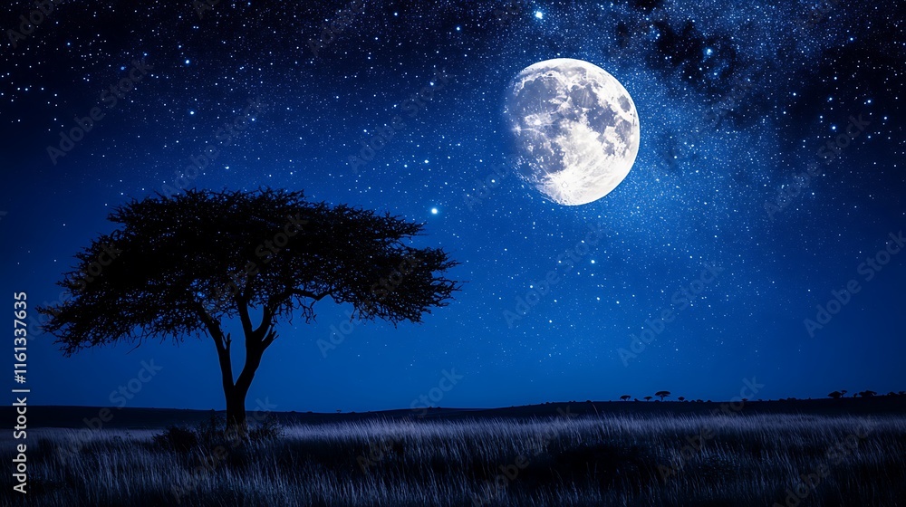 Stunning night sky over African savannah with full moon, stars, and tree silhouette. Ideal for nature, safari, and travel concepts. Space for text, versatile for various designs. Stunning night sky over African savannah with full moon, stars, and tree silhouette. Ideal for nature, safari, and travel concepts. Space for text, versatile for various designs.