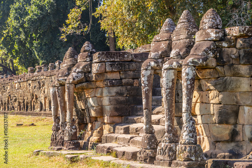 Terrace of elephants ceremonial wall of hindu sculptures, Angkor Thom Archaeological Park, Siem Reap, Cambodia photo