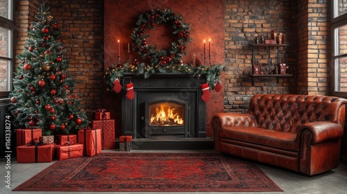 Wallpaper Mural Cozy holiday living room with a fireplace, decorated tree, and festive ornaments. Torontodigital.ca