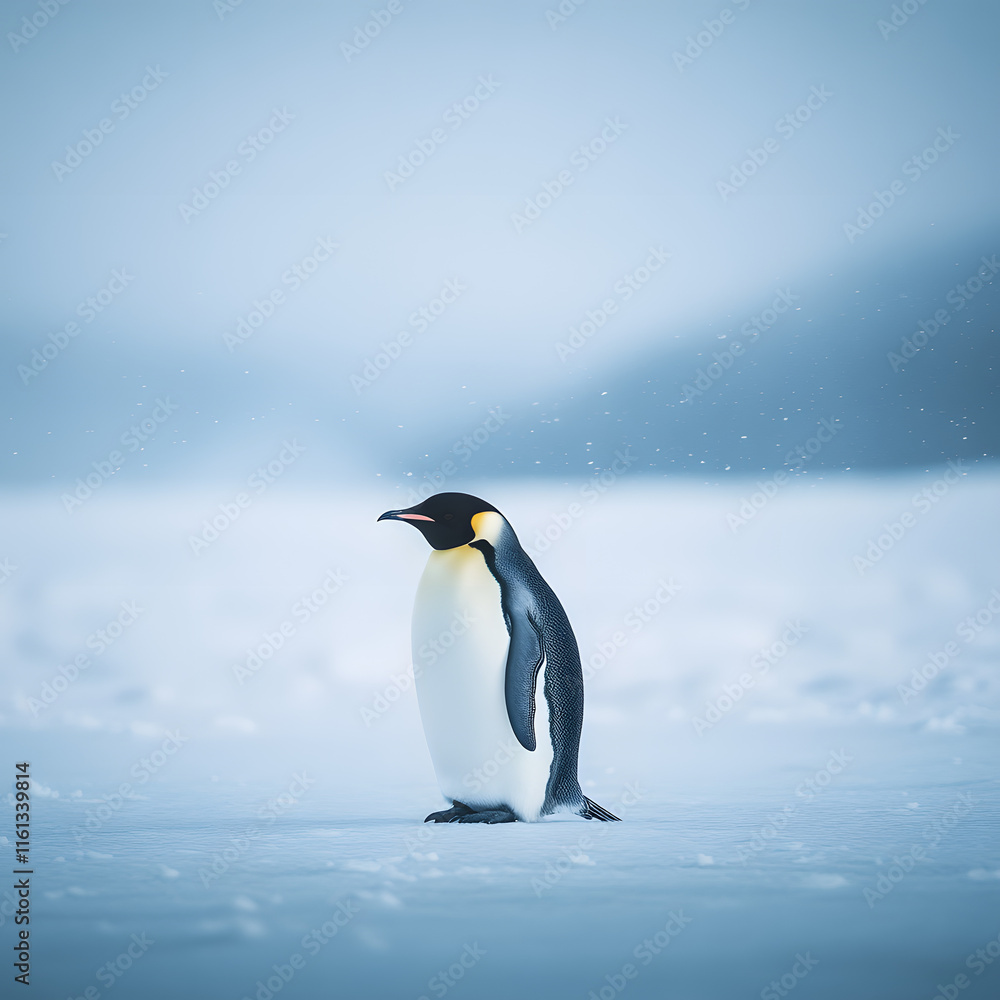 Fototapeta premium Lonely Emperor Penguin Standing on a Frozen Arctic Plain Under a Crisp Winter Sky