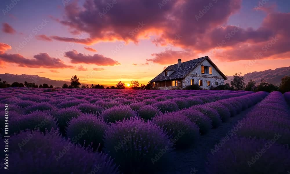A serene lavender field at sunset with a rustic house in the background. A serene lavender field at sunset with a rustic house in the background.