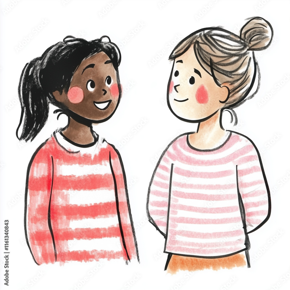 Obraz premium Cheerful Cartoon Illustration of Two Friends Smiling in Sweaters white background