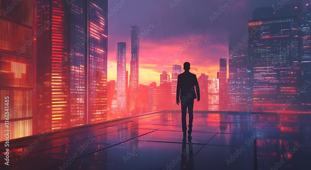 Modern rooftop scene with businessman in business attire strolling against city backdrop. Futuristic business concept. Illustration in contemporary style, ideal for corporate themes. Modern rooftop scene with businessman in business attire strolling against city backdrop. Futuristic business concept. Illustration in contemporary style, ideal for corporate themes.
