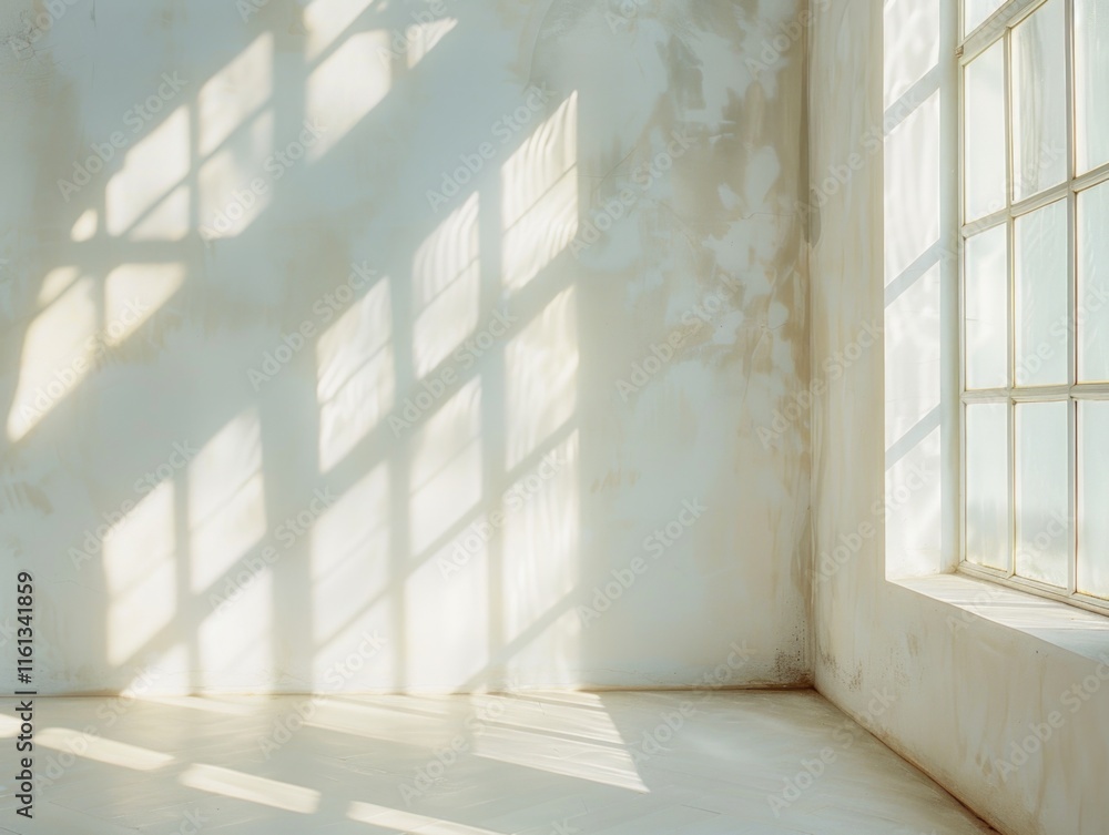 Sunlit empty room with white walls and windows that let in light, casting natural light shadows. Sunlit empty room with white walls and windows that let in light, casting natural light shadows.