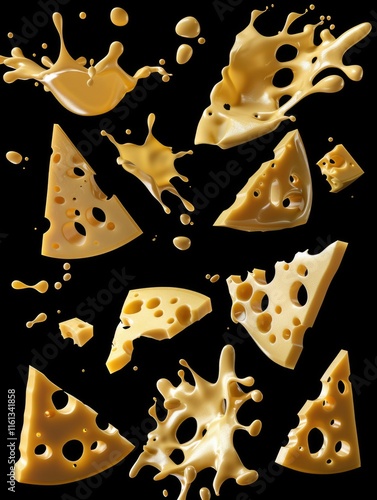 Mozzarella cheese splattering and melting into gooey pieces against a dark background. photo