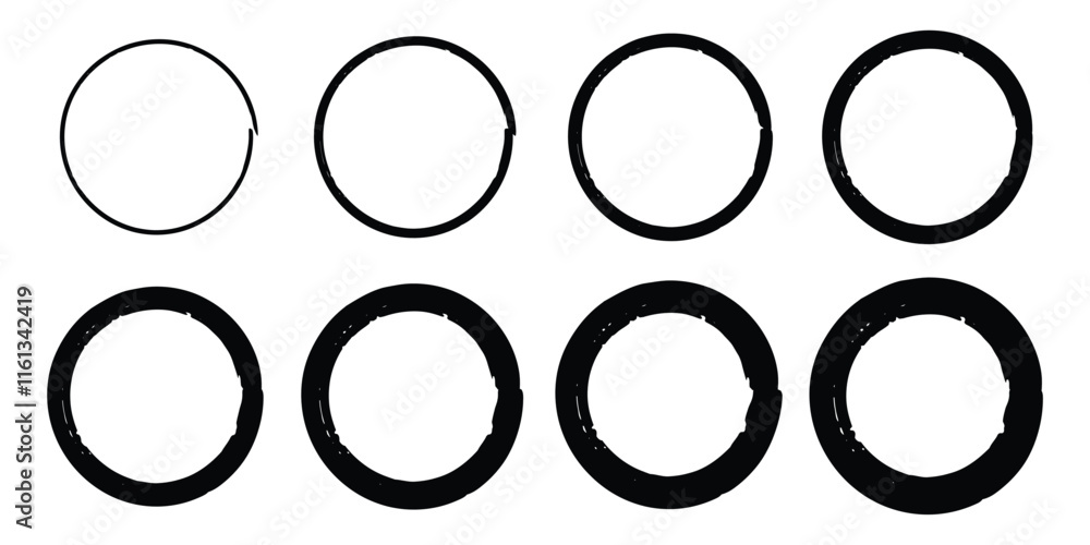 Grunge circles brush set. Black circle frames. Round line of black paint. Grunge round shapes. Circular ink brush stroke design elements. Vector illustration. Grunge circles brush set. Black circle frames. Round line of black paint. Grunge round shapes. Circular ink brush stroke design elements. Vector illustration.