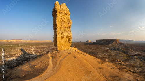 Panorama of the famous Vingerklip rock in northern Namibia at sunset photo