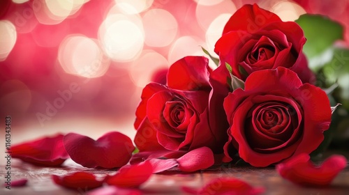 Three Red Roses with Scattered Petals on a Soft Background photo