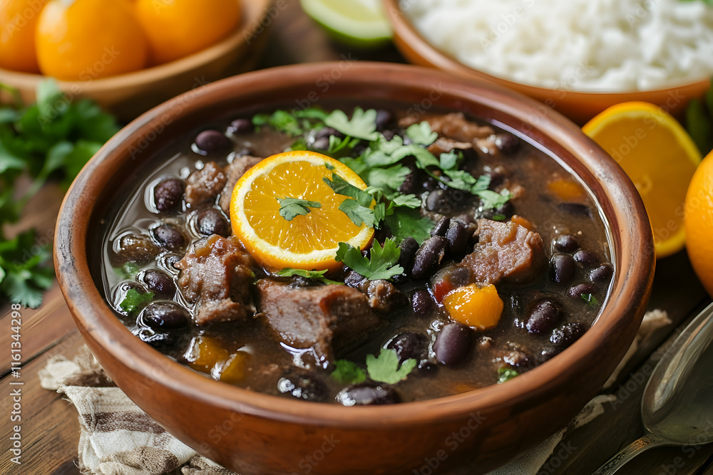 Feijoada stew with black beans and pork served alongside rice and oranges for a comforting meal Feijoada stew with black beans and pork served alongside rice and oranges for a comforting meal
